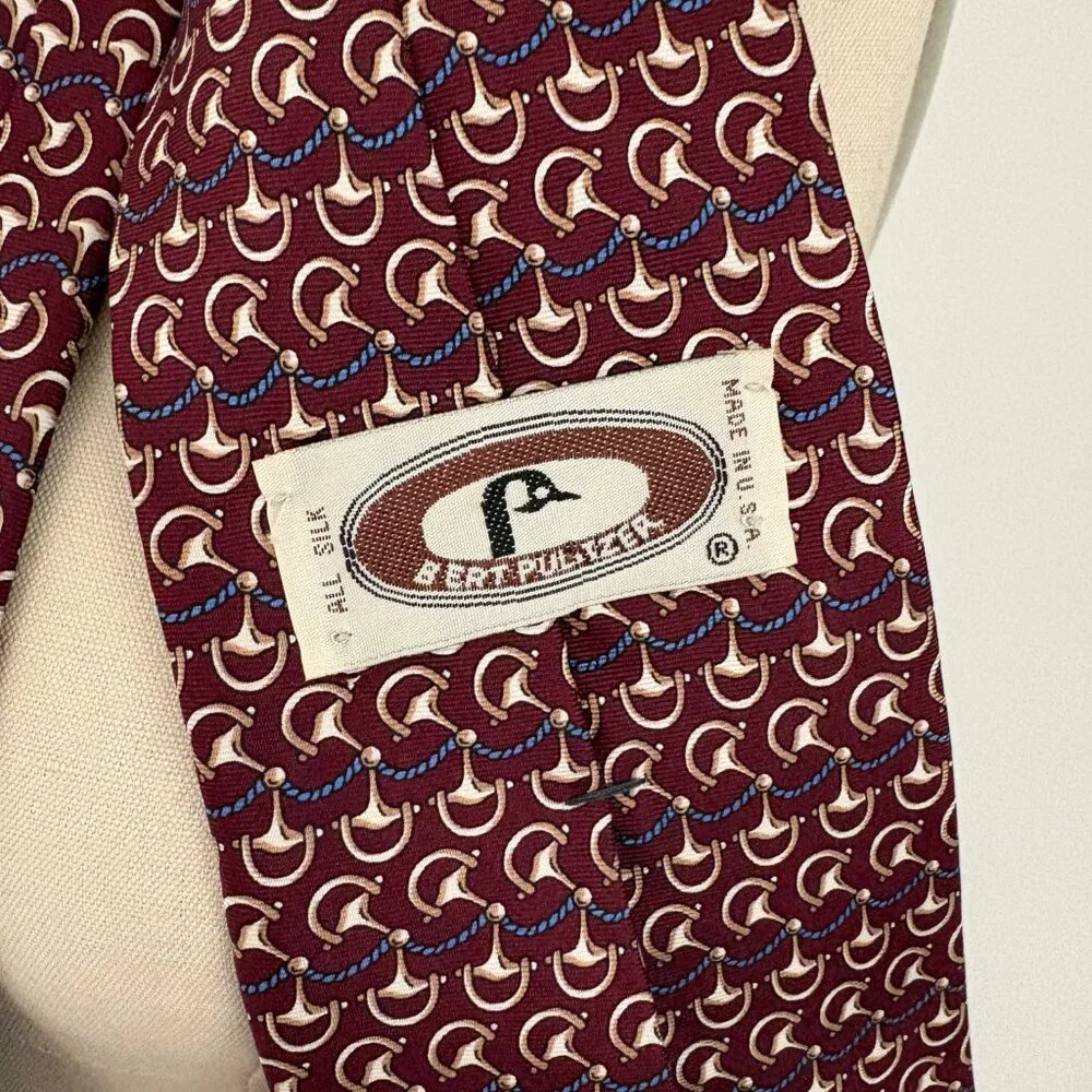 Vintage Bert Pulitzer Neck Tie Dark Red 100% Silk Equestrian Old Money Regal